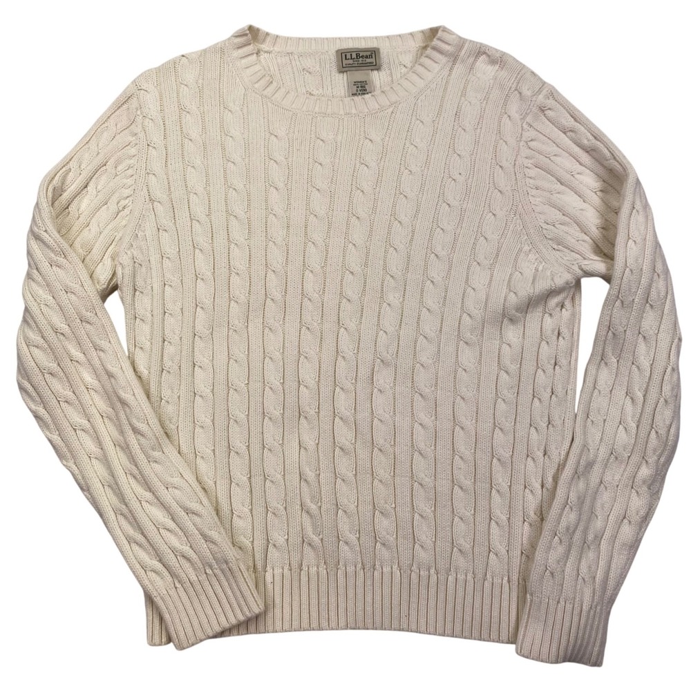 L.L.Bean Cable Knit Sweater Womens M Cream Cotton Crew Neck Pullover Preppy